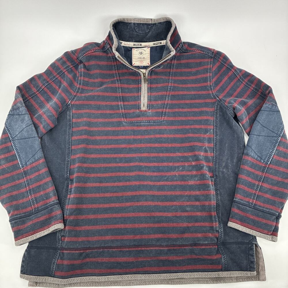 Fat Face Arlie Shirt Men Large Blue Red Striped 1/4 Zip Faded Heavyweight Rugby